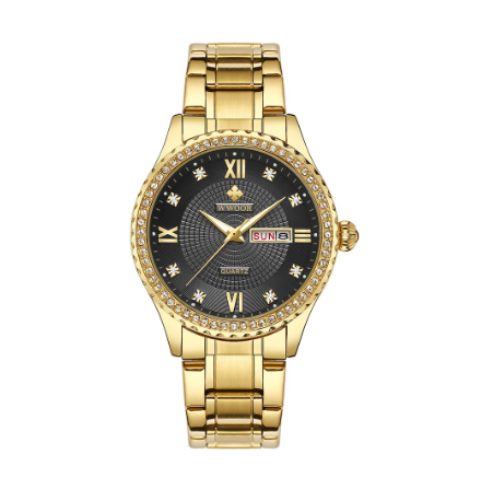 Wwoor Top Brand Luxury Men Watch Waterproof Quartz Analog Clock Business Watch BLACK DIAL GOLD CASE STRAP