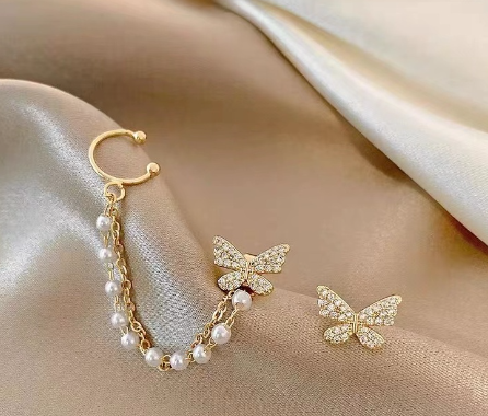 EMS fashion New Style Korean Asymmetrical Pearl Tassel Butterfly Earrings Ear Bone Clip