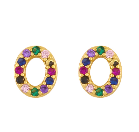 New European and American Fashion Gold 26 Letters Colorful Zircon Alphabet Stud Earrings Women Jewelry Gifts O