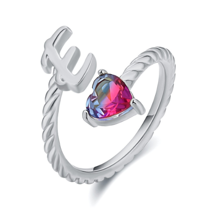 Letter Ring 925 Silver 26 Letters A-Z Initial Ring Open Gradient Zircon Ring for Women Jewelry Gift E