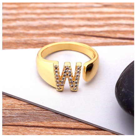 Fashion Chunky Wide Hollow A-Z Letter Gold Color Opening Ring Initials Name Alphabet Female Jewelry W