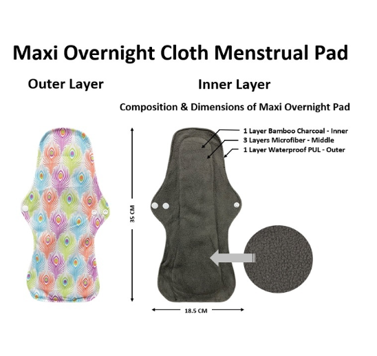 Maxi Overnight Organic Bamboo Charcoal Waterproof Washable Reusable Napkin Heavy Flow Menstrual Pads MP23