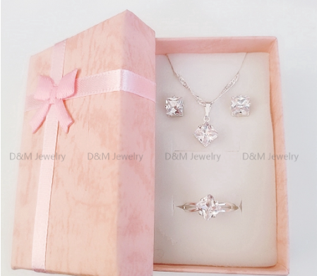 925 Silver Set 3in1 Earrings Necklace Ring Size Adjustable For Women With Free Box