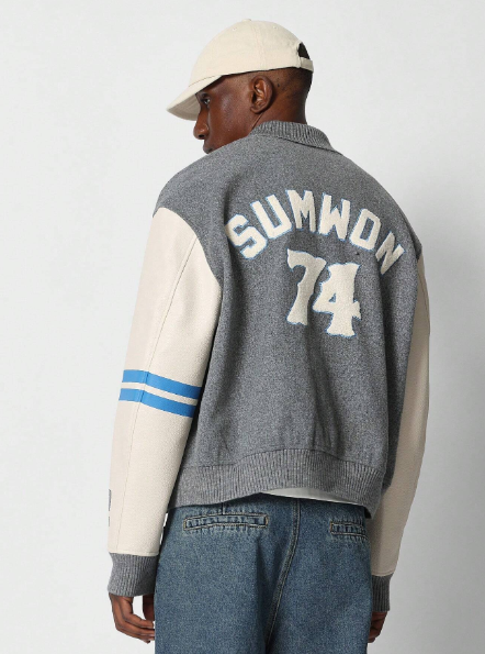 SUMWON Color Block Varsity Jacket With Graphic Print