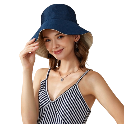 Lovito Casual Plain Sunproof Double-sided Wide Brim Foldable Fisherman Hat L18M338 (Dark Blue/Off White)