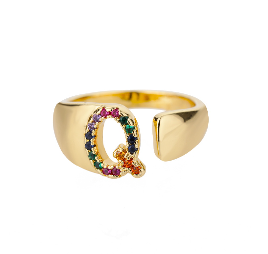 Maxzone Fashion Colorful Chunky Wide Letter A-Z Rings For Women Gold Opening Initial Letter Ring Femme Wedding Party Jewelry Q