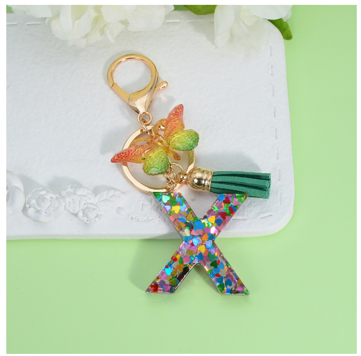 Fashion Butterfly Pendant 26 Letter Keychain Heart Sequins Filled A-Z Initial Key Chains With Tassel Bag Charms Accessories Gift X