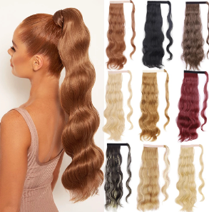 Synthetic 24"Hair Fiber Heat-Resistant Long Hollywood Wave Ponytail Fake Hair Chip-in Hair Extensions Pony Tail Wig