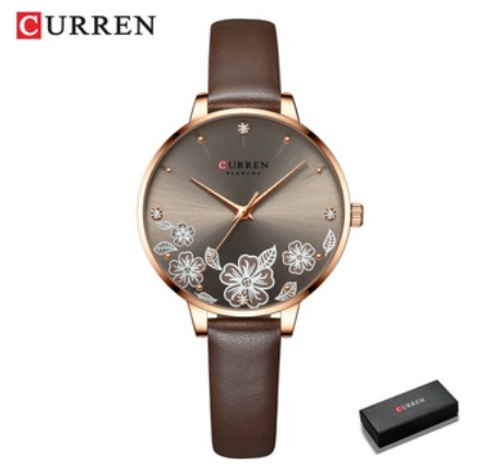Curren Women's Leather Quartz Wristwatch With Flowers Charming 9068 BROWN