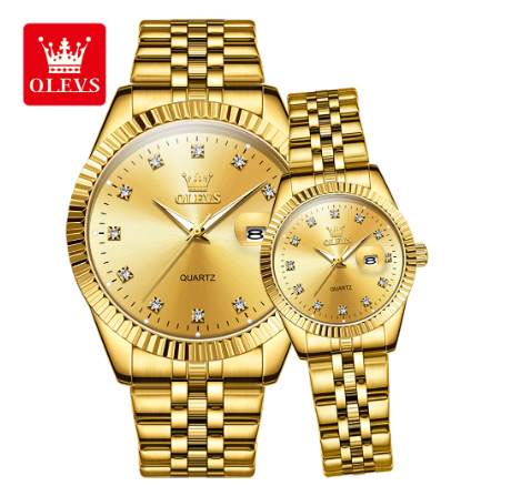 Olevs Couple Watch Waterproof Quartz Original Stainless Steel Unfading Luminous Calendar Fashion Watch ALL GOLD