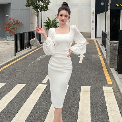 Bubble Sleeves Square Neck White Pleated Waist Pack Hip Dress