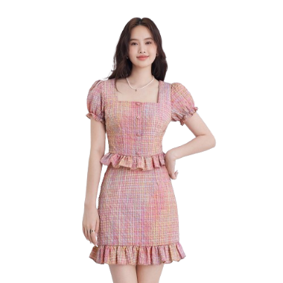 Lovito Women Ruffle Hem Button Puff Sleeve Textured Fabric Skirt Sets L58Ad145 (Pink)