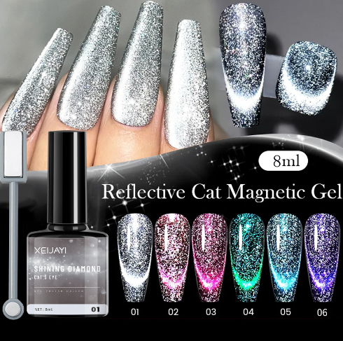 6 Colors 8ML Reflective Glitter Cat Eye Gel Nail Polish With Magnetic Stick Reflective Sparkly Soak Off UV LED - Perfect for DIY Nail Art