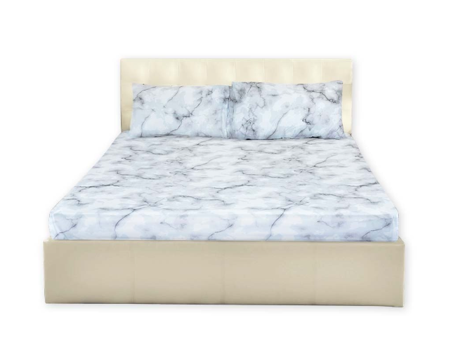 3in1 Garterized Bed Sheet Set - 2 Pillowcases & 1 Fitted Sheet - White Marble