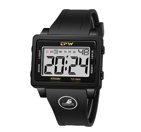 TPW Super Easy to Read Scratch Proof Case 5ATM Water Resistant Digital Watch BLACK