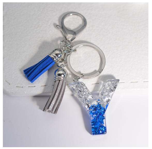 Exquisite 26 Initials A to Z Sea Glacier Resin Keychain Sequin Filling Keyring Blue Gray Tassel Pendant Handbag Accessories Gift Y