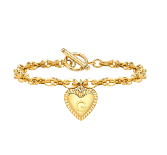Vnox A-Z Letter Heart Charms Bracelet for Women Girl 18K Gold Elegent Love Stainless Steel Link Chain Initial Jewelry Birthday Present G