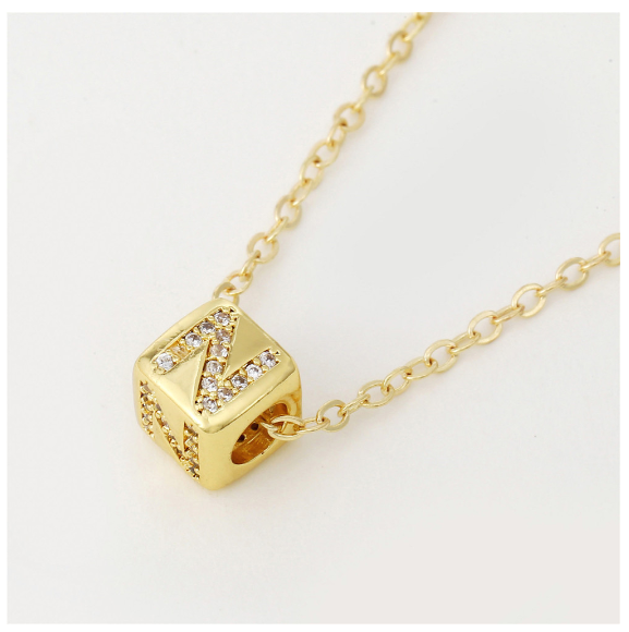 18K Gold Plated Titanium Steel English Letter Pendant Necklace Collar Chain Women's Fashion Copper Inlaid Zircon Dice Necklace Neckchain N