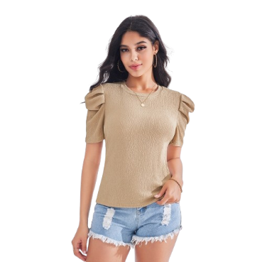 Lovito Women Jacquard Puff Sleeve Front Zip With Pockets T-Shirt LBE03018 (Apricot)