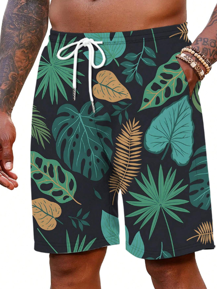 Men's Tropical Plant Printed Drawstring Wide-Leg Beach Shorts For Vacation