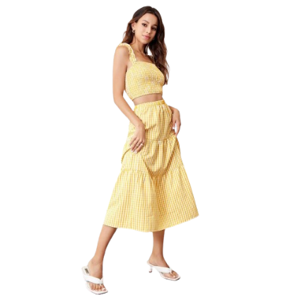 Lovito Casual Plaid Ruffle Long Women Skirt Sets L24LD024 (Yellow)