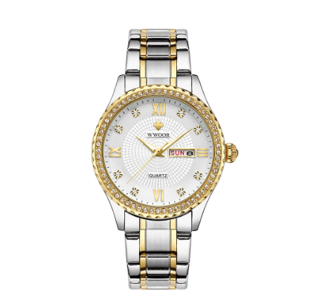 Wwoor Top Brand Luxury Men Watch Waterproof Quartz Analog Clock Business Watch WHITE DIAL TWO TONE