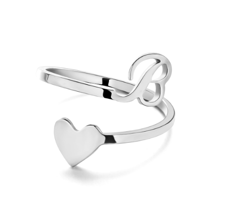 Silver Stainless Steel A-Z Rings Initial Letters Heart Rings Women Fashion Non Fading Jewelry Adjustable B