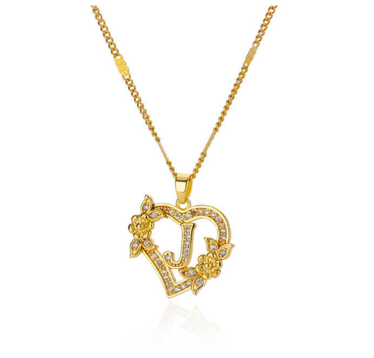 Zircon Stainless Steel Heart Flower Letter Necklaces For Women Gold Color A-Z Letter Heart Necklace J