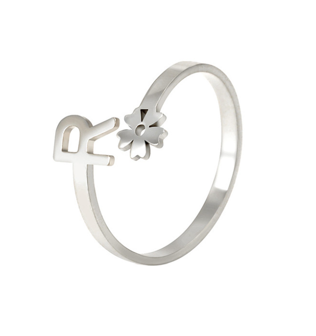 Stainless Steel A-Z Letter Ring For Women Girl Flower 26 Initial Name Adjustable Ring Trendy Birthday Jewelry Gift R