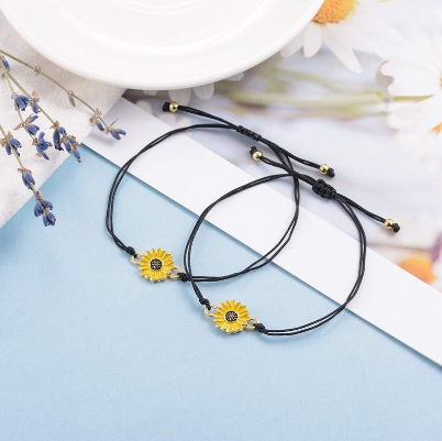 2pcs/set Handmade Enamel Sunflower Braided Rope Bracelet