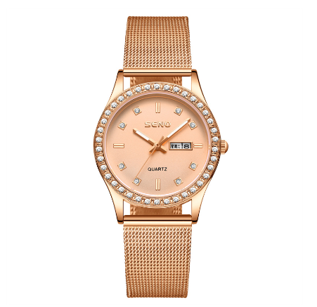 SENO Women's Watches Casual Stainless Steel Alloy Quartz Waterproof Ladies Wristwatches Luxury Elegant Rhinestone Full Diamond Female Watch GOLD MESH STRAP