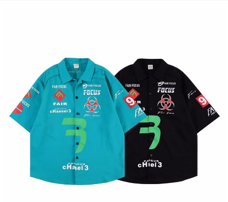 Unisex American Street Trendy Men's Racing Culture Design Short Sleeve Lapel Shirts Ins Retro Collar Tops Hiphop Clothing Suitsable