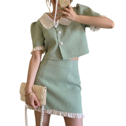 Lovito Casual Plain Button Pearls Lettuce Trim Puff Sleeve Skirt Sets for Women LNA16027 (Mint Green)