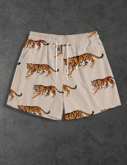 Manfinity EMRG Men's Summer Casual Tiger Printed Drawstring Shorts