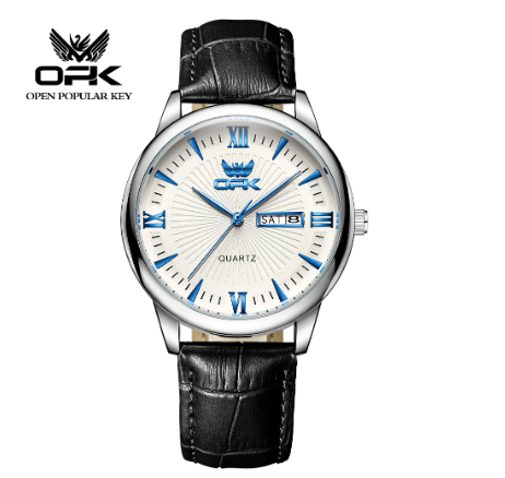 OPK Men's Watch Waterproof Original Quartz Calendar Belt Watch BLUE WHITE DIAL  BLACK LEATHER STRAP