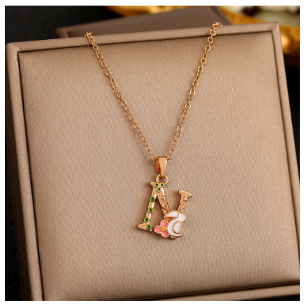 26 Letter Gold Pendant Necklace Dropped Oil Flower Animal Letter Necklace Fashion Men's and Women's Gift Wholesale N