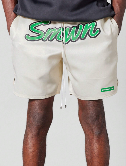 SUMWON Satin Short With Curved Hem And Front Graphic