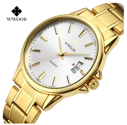 WWOOR Fashion High Quality Watch Business Waterproof Calendar Simple Luxury Men Casual Gold Watch WHITE DIAL GOLD CASE STRAP