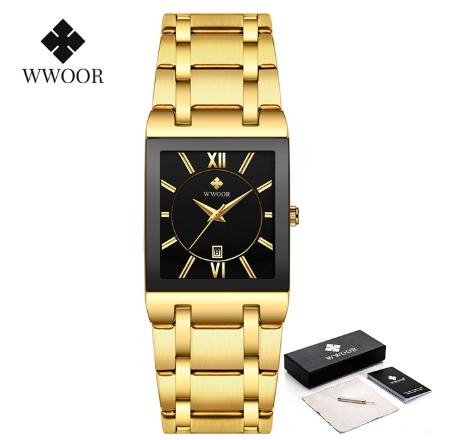 Wwoor Gold Bracelet Watches Men Gevena Square Clock Male Stainless Steel Waterproof Auto Date Quartz Watch BLACK DIAL GOLD STRAP