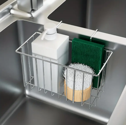 1pc Hanging Basket, Rustproof Stainless Steel Sink Caddy Organizer With Sponge Holder And Brush Soap Dishwashing Liquid Drainer Basket, Durable And Easy Cleaning Drain Rack, For Kitchen And Bathroom, 