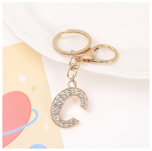 Simple Rhinestone 26 Letter Keychain Gold Color A-Z Initials Metal Keyrings For Women Car Keyholder Accessories Birthday Gifts C