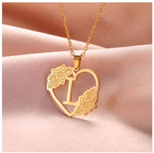 A-Z Initial Flower Necklace Women Stainless Steel Letter Heart Pendant Necklace Choker L