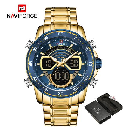 Naviforce Nf9189 Men Luxury Brand Sport Chronograph Stainless Steel Digital Analog Watches GOLD BLUE