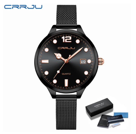 CRRJU Women's Watch Original Brand Luminous Fashion Business Analog Quartz Stainless Steel Waterproof 2187 BLACK