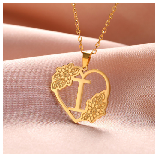 A-Z Initial Flower Necklace Women Stainless Steel Letter Heart Pendant Necklace Choker I
