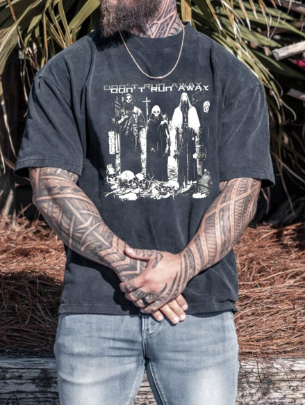 Men's Summer Round Neck Short Sleeve Tee With Slogan And Skull Print, Vintage Washed Out