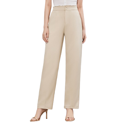 Lovito Women Elegant Plain Button Front Structure Line Pants L65ED084 (Light Khaki)