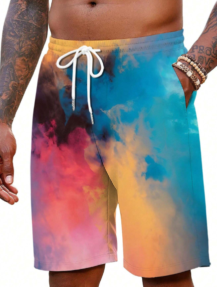 Men's Tie-Dye Printed Drawstring Waist Loose Beach Shorts For Vacation