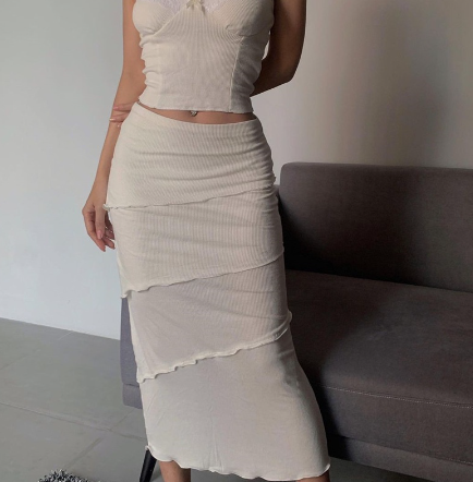 Women Strap Lace Tank Top & High Waist Asymmetry Patchwork Bodycon Skirt Set