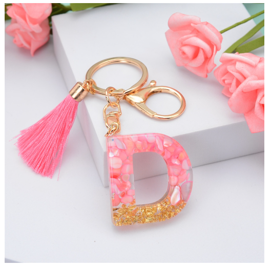 Pink Tassel Gold Foil 26 Letter Pendent Keychain for Women Resin Keyrings Girls Bag Ornamant Accessories Gifts D